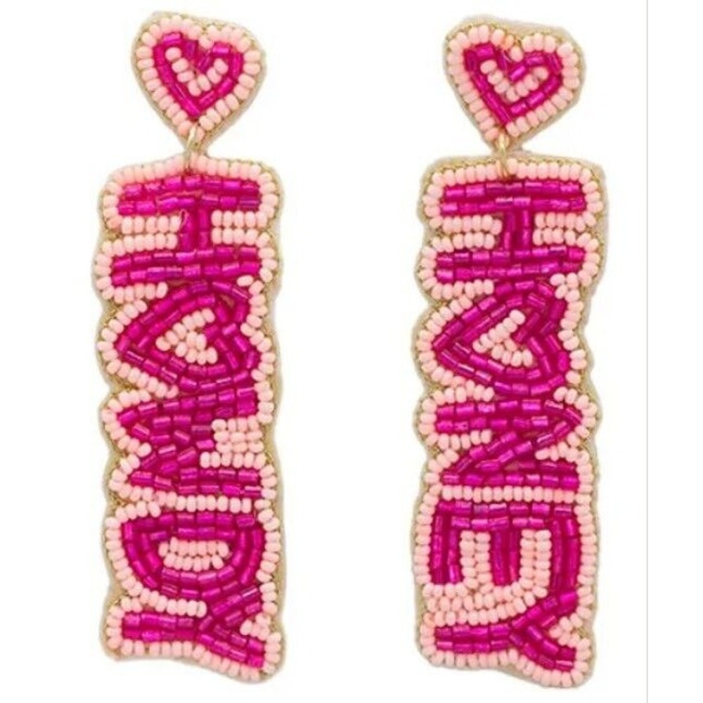 VALENTINES DAY HOWDY‎ HONEY PINK ON PINK HEART SEED BEAD DANGLE EARRINGS